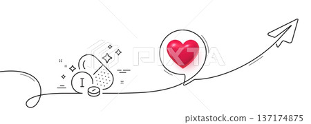 Iodine mineral line icon. Continuous line with share plane. Chemical element I sign. Capsule or pill symbol. 3d heart in speech bubble. Iodine mineral single line ribbon. Loop curve pattern. Vector Iodine mineral line icon. Continuous line with share plane. Chemical element I sign. Capsule or pill symbol. 3d heart in speech bubble. Iodine mineral single line ribbon. Loop curve pattern. Vector 137174875