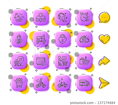 Sleep, E-bike and Sun protection line icons. App 3d buttons. Social media comment, share, like icons. Pack of Love lock, Alarm, Calendar icon. Shopping rating, Cyclist, Fireworks pictogram. Vector Sleep, E-bike and Sun protection line icons. App 3d buttons. Social media comment, share, like icons. Pack of Love lock, Alarm, Calendar icon. Shopping rating, Cyclist, Fireworks pictogram. Vector 137174884