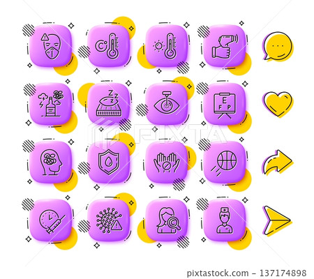 Medical tablet, Electronic thermometer and Celsius thermometer line icons. App 3d buttons. Social media comment, share, like icons. Pack of Medical mask, Blood donation, Covid virus icon. Vector 137174898