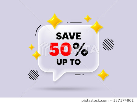 Discount chat speech bubble. Social media concept. Save up to 50 percent tag. Discount Sale offer price sign. Special offer symbol. 3d sparkles chat bubble. Vector 137174901