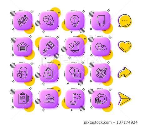 Time management, Discount tags and Collagen skin line icons. App 3d buttons. Social media comment, share, like icons. Pack of Milestone, Piggy bank, Payment icon. Vector 137174924