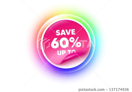 Discount sticker rainbow gradient. Paper offer price tag. Save up to 60 percent. Discount Sale offer price sign. Special offer symbol. Sticker label. Grain dots effect. Vector Discount sticker rainbow gradient. Paper offer price tag. Save up to 60 percent. Discount Sale offer price sign. Special offer symbol. Sticker label. Grain dots effect. Vector 137174936