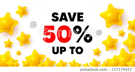 Discount winner banner with 3d stars. Golden stars banner. Save up to 50 percent tag. Discount Sale offer price sign. Special offer symbol. Review rate background. Vector Discount winner banner with 3d stars. Golden stars banner. Save up to 50 percent tag. Discount Sale offer price sign. Special offer symbol. Review rate background. Vector 137174937