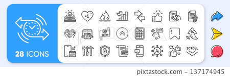 Synchronize, Spanner tool and Bid offer line icons. Interest rate, AI generate, Inflation icons. Pack of Scroll down, Shield, Waterproof icon. Vector 137174945