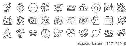 Honeymoon line icons. Settings gear, Message, Inflation icons. Wedding car, marriage rings, love. Bridal champagne, Valentine heart icons. Couple tickets, honeymoon travel, married night. Vector Honeymoon line icons. Settings gear, Message, Inflation icons. Wedding car, marriage rings, love. Bridal champagne, Valentine heart icons. Couple tickets, honeymoon travel, married night. Vector 137174948