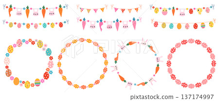 Cute Easter vector buntings and frames set with bunnies, painted eggs, chickens, flowers, spring flags for baby and kids spring designs 137174997