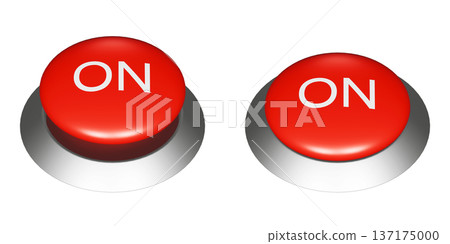 3DCG illustration of a red push button with the word "ON" written on it. Button on/off illustration icon 3DCG illustration of a red push button with the word "ON" written on it. Button on/off illustration icon 137175000