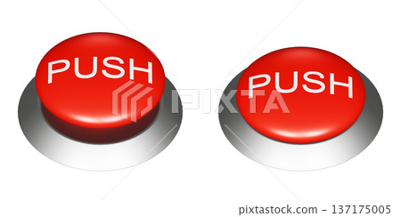 3DCG illustration of a red push button with the word PUSH written on it. Button on/off illustration icon 137175005