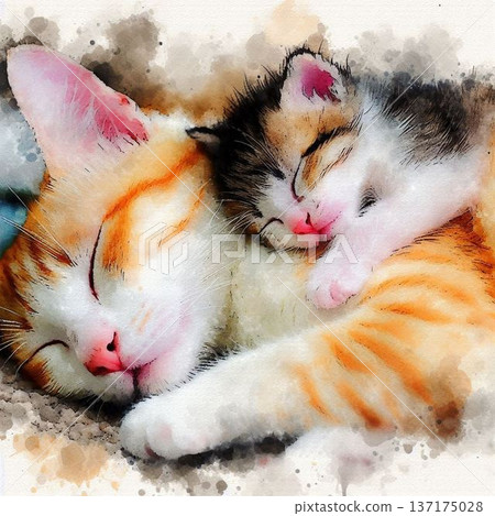 小貓睡在母貓身上 137175028