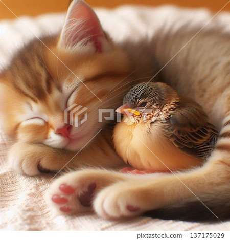 一隻小鳥想和蜷縮在它肚子裡的貓咪一起睡覺。 137175029