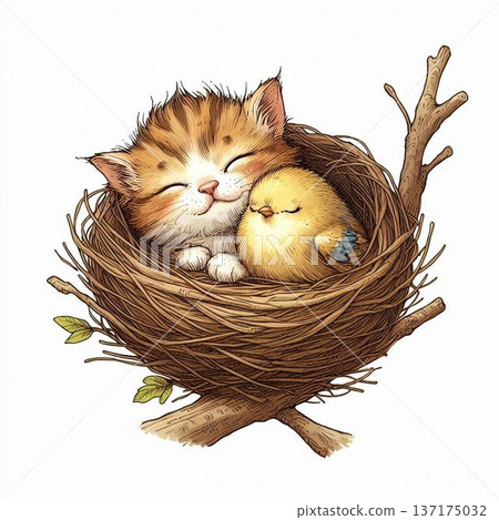 一隻小貓和一隻鳥在樹枝上的巢裡睡覺。 137175032
