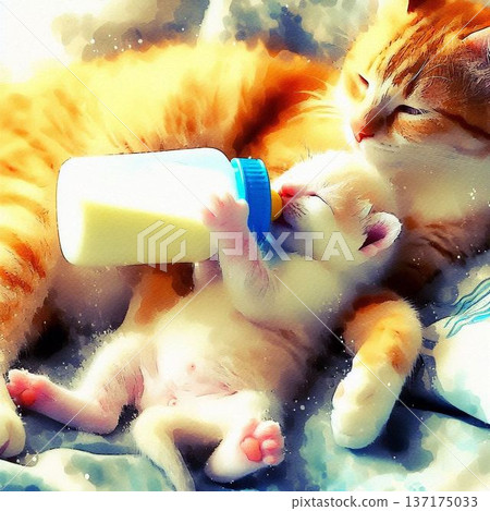 小貓咪趴在媽媽胸口睡覺，手裡拿著奶瓶 137175033
