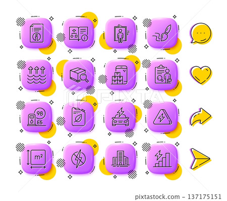 Buildings, Elevator and Petrol station line icons. App 3d buttons. Social media comment, share, like icons. Pack of Brush, Antistatic, Technical info icon. Vector 137175151