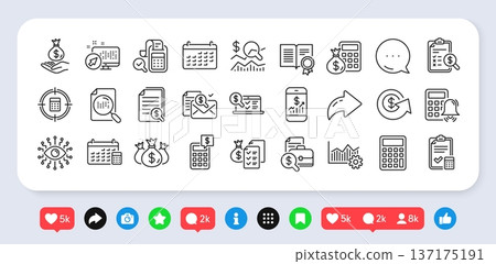 Accounting line icons. Social media: share, comment, like icons. Set of Check investment, Calculator and Report icons. Calendar, Banking account and Finance accounting report document. Vector Accounting line icons. Social media: share, comment, like icons. Set of Check investment, Calculator and Report icons. Calendar, Banking account and Finance accounting report document. Vector 137175191