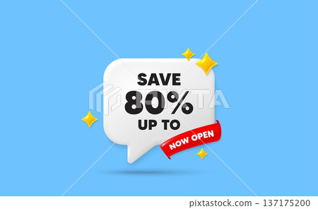 Discount ribbon speech bubble. Now open flag ribbon. Save up to 80 percent tag. Discount Sale offer price sign. Special offer symbol. 3d sparkle stars speech bubble. Vector Discount ribbon speech bubble. Now open flag ribbon. Save up to 80 percent tag. Discount Sale offer price sign. Special offer symbol. 3d sparkle stars speech bubble. Vector 137175200
