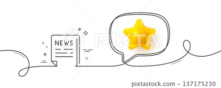 Fake news line icon. Continuous line with 3d star. Propaganda conspiracy newspaper sign. Wrong truth symbol. 3d star in speech bubble. Fake news single line ribbon. Loop curve pattern. Vector 137175230