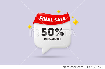 Discount chat speech bubble. Final sale flag ribbon. 50 percent discount tag. Sale offer price sign. Special offer symbol. 3d sparkle stars speech bubble. Vector Discount chat speech bubble. Final sale flag ribbon. 50 percent discount tag. Sale offer price sign. Special offer symbol. 3d sparkle stars speech bubble. Vector 137175235