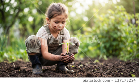 Little girl carefully and lovingly holding a small plant 137175254