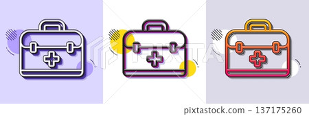 First aid kit line icon. Halftone dotted pattern. Gradient icon with grain shadow. Medical case sign. Line first aid icon. Various designs. Vector 137175260