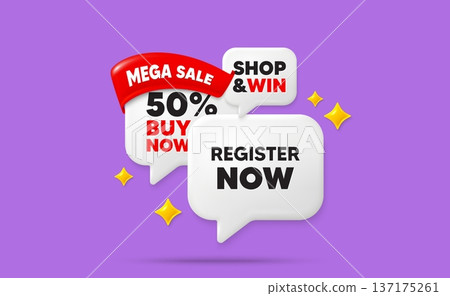 Register now speech bubbles. Mega sale flag ribbon. Register now tag. Free registration offer. Create an account message. Discount chat bubbles with 3d sparkles. Vector 137175261
