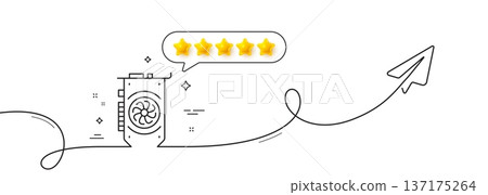 Gpu graphic card line icon. Continuous line with share plane. Computer component hardware sign. Five star rate review in speech bubble. Gpu single line ribbon. Loop curve pattern. Vector 137175264