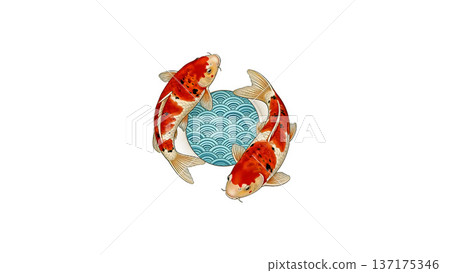 日式插畫素材，包括一條圓形紅白相間的錦鯉和青海波圖案。 137175346