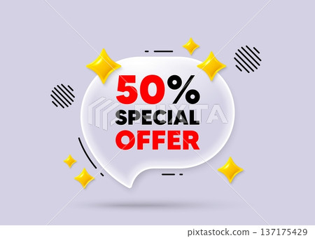 Discount chat speech bubble. Social media concept. 50 percent discount offer tag. Sale price promo sign. Special offer symbol. 3d sparkles chat bubble. Vector Discount chat speech bubble. Social media concept. 50 percent discount offer tag. Sale price promo sign. Special offer symbol. 3d sparkles chat bubble. Vector 137175429