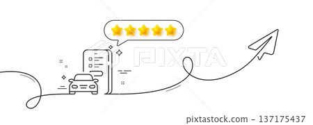 Car registration line icon. Continuous line with share plane. Online warranty sign. Mobile phone app symbol. Five star rate review in speech bubble. Car registration single line ribbon. Vector Car registration line icon. Continuous line with share plane. Online warranty sign. Mobile phone app symbol. Five star rate review in speech bubble. Car registration single line ribbon. Vector 137175437