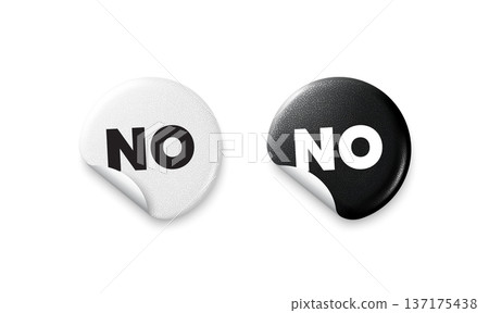 No sticker tags. Glitter paper price badge. No tag. Negative answer text. Vote refuse, decline or forbidden symbol. Offer round sticker. Promo banner. Vector 137175438