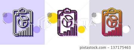 Report line icon. Halftone dotted pattern. Gradient icon with grain shadow. Column graph, pie chart sign. Market analytics symbol. Line report icon. Various designs. Vector 137175463