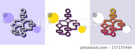 Block diagram line icon. Halftone dotted pattern. Gradient icon with grain shadow. Path scheme sign. Algorithm symbol. Line block diagram icon. Various designs. Vector 137175484