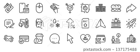 Takeaway coffee, Refresh mail and Be true line icons pack. Share, Message, Paper plane icons. Timer, Write, Qr code web icon. Weather, Genders, Startup rocket pictogram. Vector Takeaway coffee, Refresh mail and Be true line icons pack. Share, Message, Paper plane icons. Timer, Write, Qr code web icon. Weather, Genders, Startup rocket pictogram. Vector 137175488