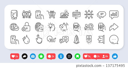 Text message, Sign out and Lock line icons pack. Social media: share, comment, like icons. Partnership, Hand click, Security app web icon. Vector Text message, Sign out and Lock line icons pack. Social media: share, comment, like icons. Partnership, Hand click, Security app web icon. Vector 137175495