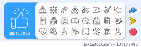 Account, Internet and Video camera line icons. Interest rate, AI generate, Inflation icons. Pack of Architectural plan, Empower, Money icon. Write, Messenger, Chemistry lab pictogram. Vector Account, Internet and Video camera line icons. Interest rate, AI generate, Inflation icons. Pack of Architectural plan, Empower, Money icon. Write, Messenger, Chemistry lab pictogram. Vector 137175498