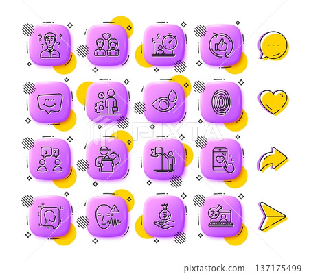 Fingerprint, Leadership and Support consultant line icons. App 3d buttons. Social media comment, share, like icons. Pack of Head, Delivery man, Voice wave icon. Vector Fingerprint, Leadership and Support consultant line icons. App 3d buttons. Social media comment, share, like icons. Pack of Head, Delivery man, Voice wave icon. Vector 137175499