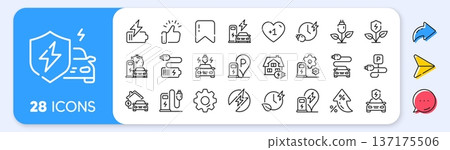 Electric car charging line icons. Interest rate, AI generate, Inflation icons. Charge station, Ev parking and Battery charger set. Vector 137175506