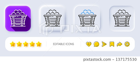Coal trolley line icon. Neumorphic, Flat shadow, 3d buttons. Mine wagon sign. Stone or Rock cart symbol. Line coal trolley icon. Social media icons. Vector 137175530