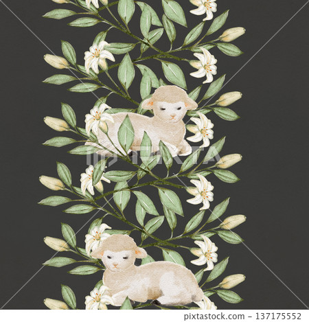 Seamless watercolor border with lamb, white lilies on dark background. Floral branches with green leaves in vintage style. Perfect for nursery decor, fabric, wallpaper, wrapping paper, Easter design Seamless watercolor border with lamb, white lilies on dark background. Floral branches with green leaves in vintage style. Perfect for nursery decor, fabric, wallpaper, wrapping paper, Easter design 137175552