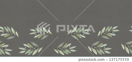 Olive branch horizontal watercolor seamless border isolated on gray. Illustration perfect for Christian design, Lent season, devotion projects, religious layouts. Symbol of peace, spiritual renewal. Olive branch horizontal watercolor seamless border isolated on gray. Illustration perfect for Christian design, Lent season, devotion projects, religious layouts. Symbol of peace, spiritual renewal. 137175559