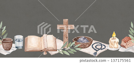 Seamless religious border with wooden and ash cross, rosary, candle, bread, olive branch, and bowl of ash on muted gray-green background, horizontal layout, perfect for Lent banners, church Seamless religious border with wooden and ash cross, rosary, candle, bread, olive branch, and bowl of ash on muted gray-green background, horizontal layout, perfect for Lent banners, church 137175561