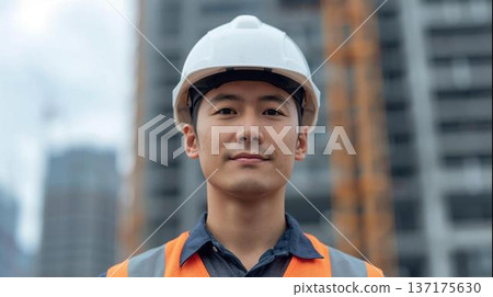 Male construction worker wearing a helmet standing at a construction site 137175630