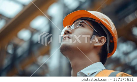 A young male worker looking up at a construction site 137175631