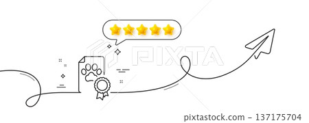 Dog competition certificate line icon. Continuous line with share plane. Pets award sign. Champion winner medal symbol. Five star rate review in speech bubble. Vector Dog competition certificate line icon. Continuous line with share plane. Pets award sign. Champion winner medal symbol. Five star rate review in speech bubble. Vector 137175704