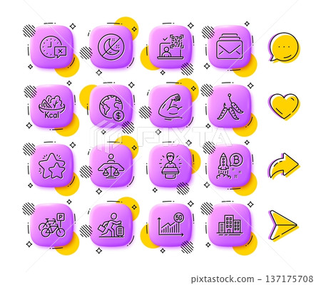 5g statistics, Brand ambassador and Travel delay line icons. App 3d buttons. Social media comment, share, like icons. Pack of Strong arm, Time, Bitcoin project icon. Vector 137175708