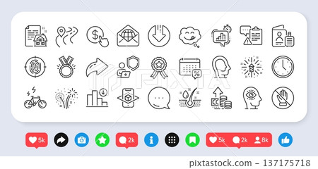 Clipboard, Download arrow and Fireworks line icons pack. Social media: share, comment, like icons. Psychology, Honor, Corrupt web icon. Calendar tax, Meditation eye, Serum oil pictogram. Vector 137175718