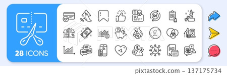 Pound money, Bitcoin coin and Clipboard line icons. Interest rate, AI generate, Inflation icons. Pack of Bankrupt, Euro money, Mortgage icon. Euler diagram, Calendar tax, Fuel price pictogram. Vector 137175734