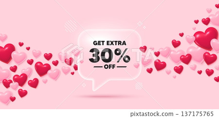 Extra discount glass speech bubble. 3d hearts pink background. Get Extra 30 percent off Sale. Discount offer price sign. Special offer symbol. Save 30 percentages. Valentines day greeting card. Vector Extra discount glass speech bubble. 3d hearts pink background. Get Extra 30 percent off Sale. Discount offer price sign. Special offer symbol. Save 30 percentages. Valentines day greeting card. Vector 137175765