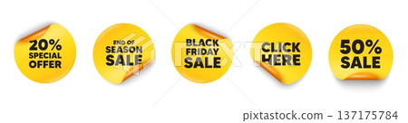 Discount sticker tag. 50 percent discount, Black friday paper price banners. 20 percent discount offer tag. Sale price promo sign. Special offer symbol. Click here sticker. Vector Discount sticker tag. 50 percent discount, Black friday paper price banners. 20 percent discount offer tag. Sale price promo sign. Special offer symbol. Click here sticker. Vector 137175784