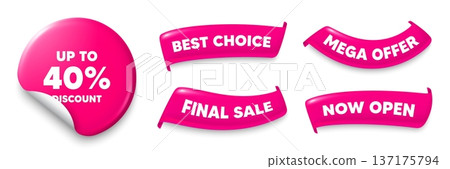 Discount tag sticker, Sale offer ribbons. Best choice, Now open. Up to 40 percent discount. Sale offer price sign. Special offer symbol. Save 40 percentages. Pink sticker tag. Vector Discount tag sticker, Sale offer ribbons. Best choice, Now open. Up to 40 percent discount. Sale offer price sign. Special offer symbol. Save 40 percentages. Pink sticker tag. Vector 137175794