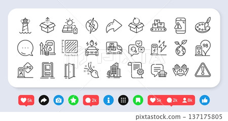 Charging station, Buildings and Brush line icons pack. Social media: share, comment, like icons. Solar panel, Antistatic, Open door web icon. Lighthouse, Warning, Entrance pictogram. Vector 137175805
